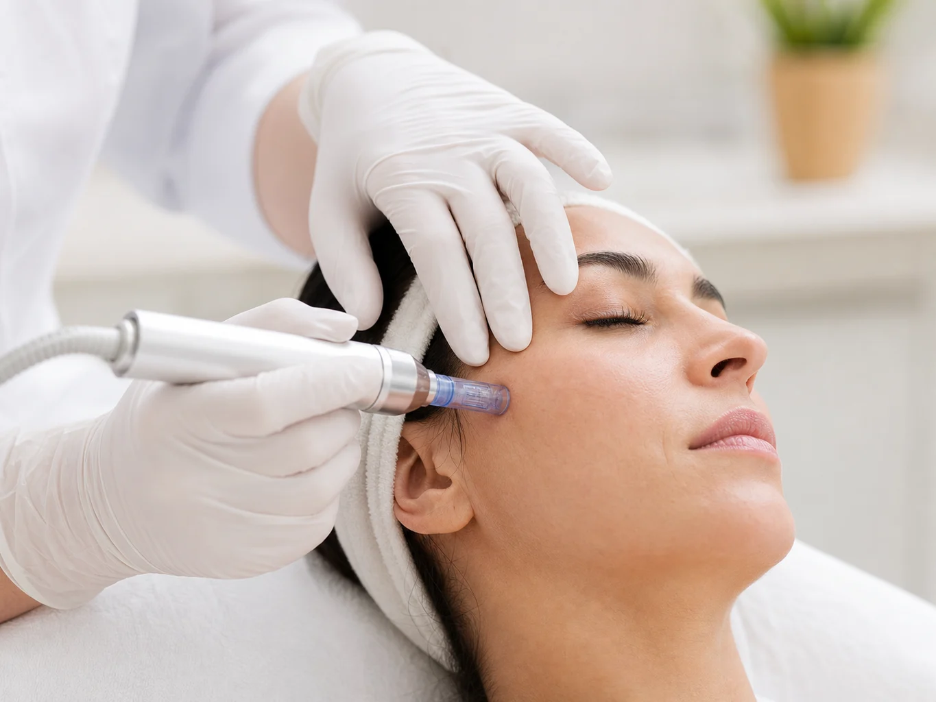 Medizinisches RF Microneedling an der Gesichtshaut in heller Praxisumgebung